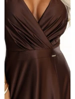 411-15 CRYSTAL saténové dlhé šaty s výstrihom - čokoládové