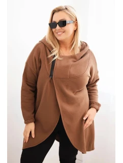 Dámska zateplená mikina Plus Size s kapucňou a asymetrickým zipsom Brown