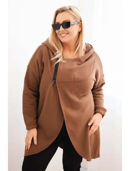 Dámska zateplená mikina Plus Size s kapucňou a asymetrickým zipsom Brown