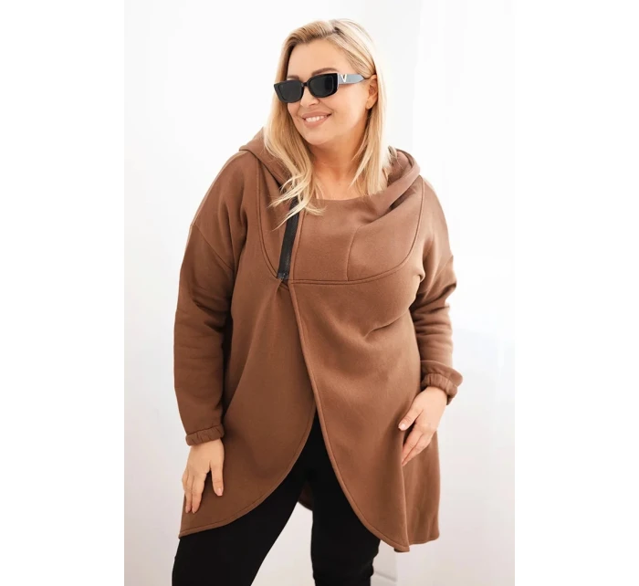 Dámska zateplená mikina Plus Size s kapucňou a asymetrickým zipsom Brown