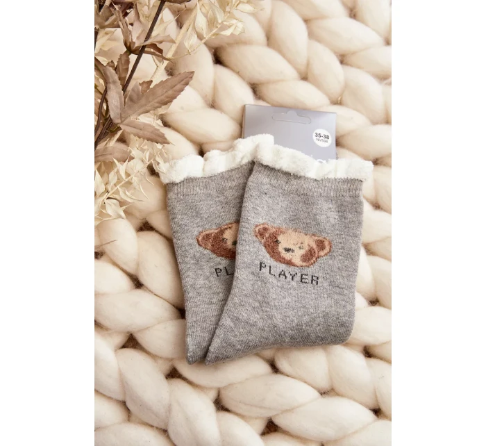 Silné bavlněné ponožky s medvídkem, světle šedé Silné bavlněné ponožky s medvídkem, světle šedé