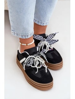 Sneakersy Damskie Na Platformie Z Ozdobami Czarne Vinness