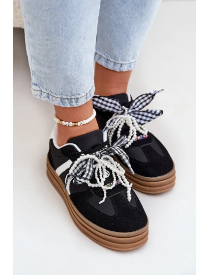 Sneakersy Damskie Na Platformie Z Ozdobami Czarne Vinness