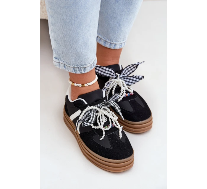 Sneakersy Damskie Na Platformie Z Ozdobami Czarne Vinness