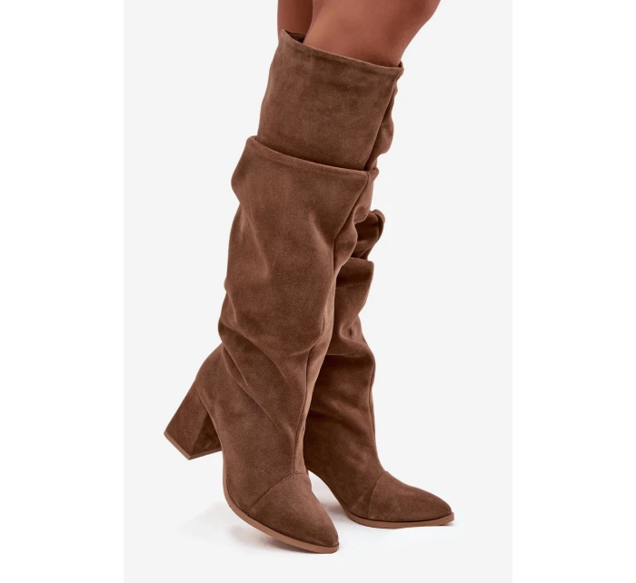 Marszczone Kozaki Z Naturalnego Zamszu Na Słupku Ocieplane Zazoo 4228 Jasnobrązowe