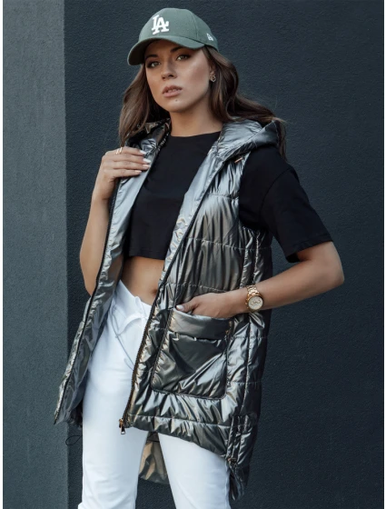 Dámská prošívaná dlouhá vesta s kapucí tmavě šedá Dstreet model 21979290 - FashionStreet