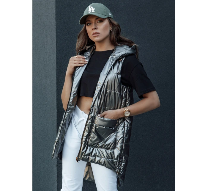 Dámská prošívaná dlouhá vesta s kapucí tmavě šedá Dstreet model 21979290 - FashionStreet