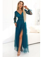 Dlouhé maxi šaty s rukávy a obálkovým výstřihem lahvově zelené model 22045483 - numoco basic Dlouhé maxi šaty s rukávy a obálkovým výstřihem lahvově zelené model 22045483 - numoco basic