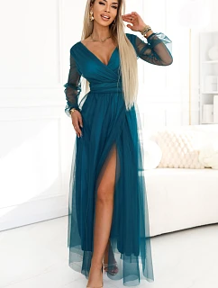 664-2 Dlhé maxi šaty s tylovými rukávmi a obálkovým výstrihom - fľaškovo zelené