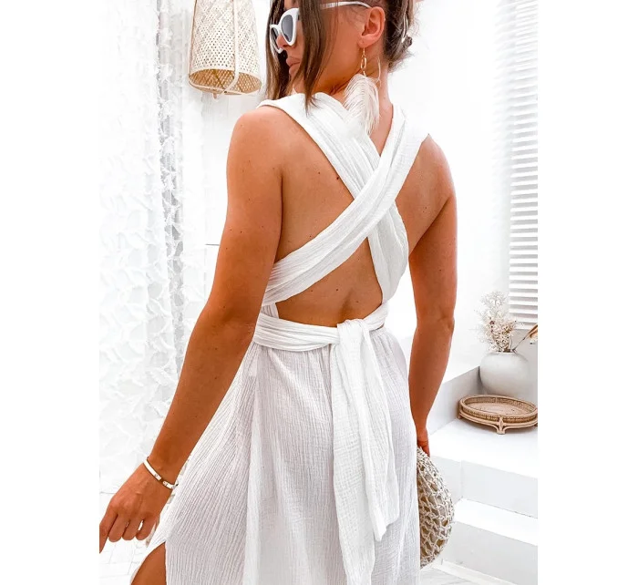 Mušelínové dámské šaty v ecru barvě se výstřihem model 20119951 - Moon Mušelínové dámské šaty v ecru barvě se výstřihem model 20119951 - Moon