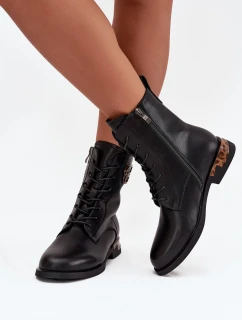 Kožené dámské kotníkové boty na plochém podpatku s ozdobou vyhřívané model 21712473 Černé - Artiker