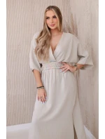 Mušelínové šaty s výšivkou v pase béžový