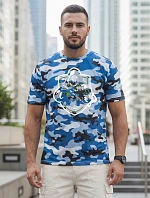 Pánske klasické tričko s kamuflážovým vzorom a potlačou, modré, FashionStreet NX2003R