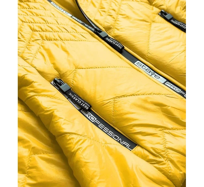 Krátka žltá prešívaná dámska bunda s kapucňou (B9566)