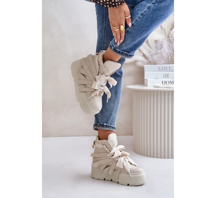 Skórzane Sneakersy Damskie Na Masywnej Platformie CheBello 4561 Beżowe