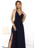 634-1 MIRA elegantné maxi šaty s obálkovým výstrihom a rozparkom na nohách - tmavomodré