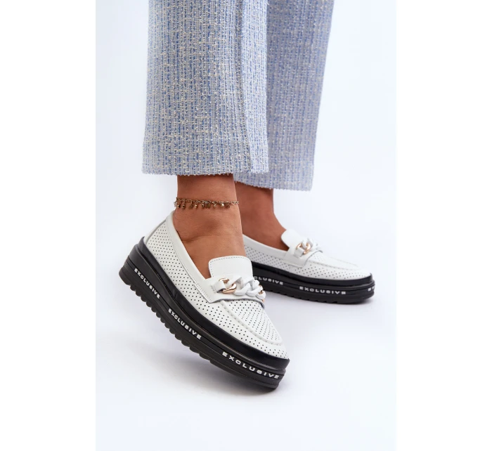 Mokasyny Damskie Skórzane Na Platformie Z Łańcuchem S.Barski LR618 Białe