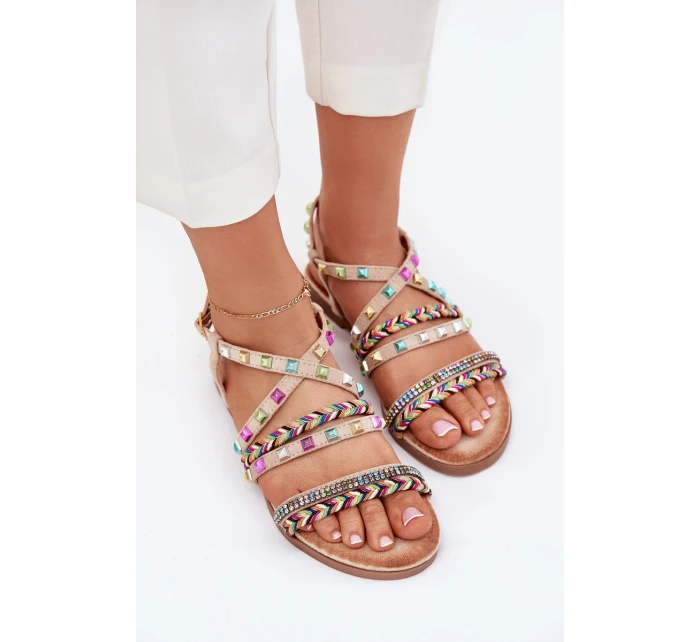 Sandały Damskie Ze Zdobieniem I Plecionymi Paskami Beżowe Delyra Sandały Damskie Ze Zdobieniem I Plecionymi Paskami Beżowe Delyra