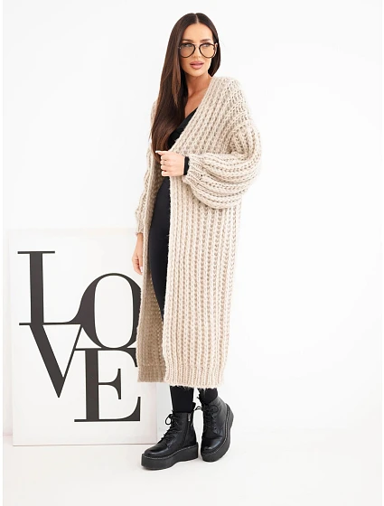 Dámský dlouhý model 22353175 cardigan bez zapínání se širokým rukávem béžový - K-Fashion Dámský dlouhý model 22353175 cardigan bez zapínání se širokým rukávem béžový - K-Fashion