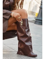 Kozaki Damskie Na Koturnie Z Paskiem I Srebrnym Detalem Eko Skórzane Brązowe Korivelle