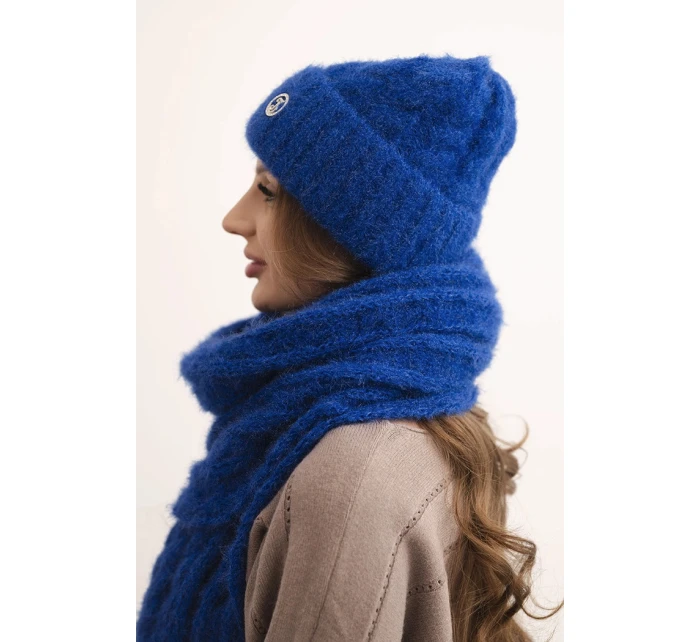 Dámska súprava čiapky a šálu s pruhmi s ozdobami modrá Dámska súprava čiapky a šálu s pruhmi s ozdobami modrá