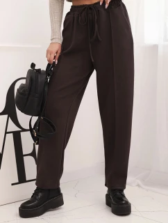 Elegantní dámské kalhoty s vysokým pasem a šněrováním v pase hnědé