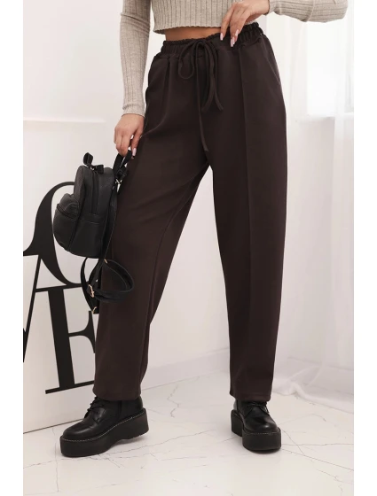 Elegantní dámské kalhoty s vysokým pasem a šněrováním v pase hnědé