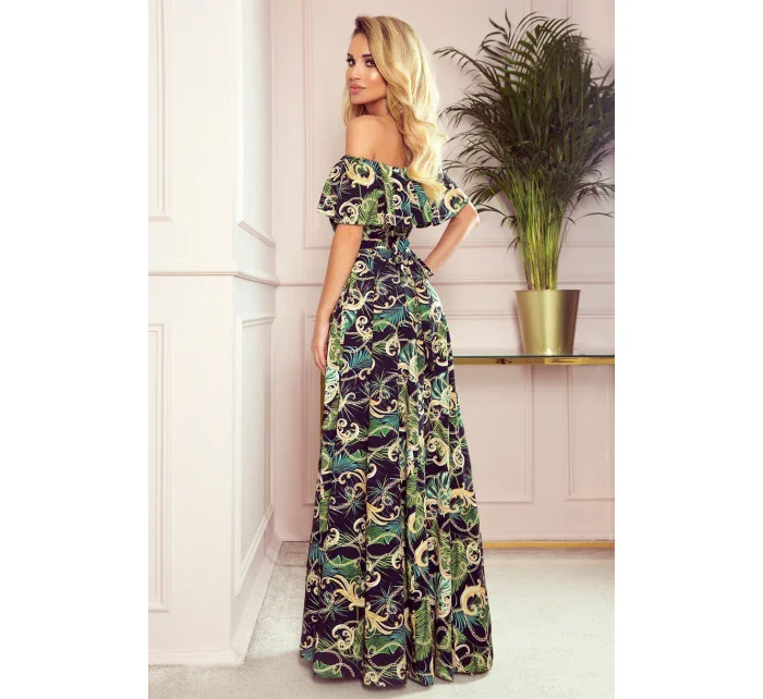 Dlouhé dámské šaty se výstřihem a vzorem zelených listů a model 8224464 - numoco