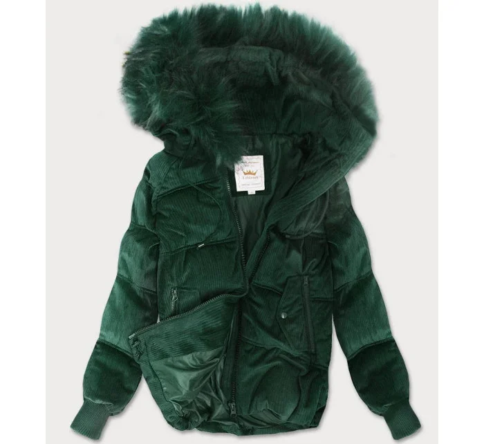 Tmavě zelená dámská manšestrová bunda s kapucí model 21242242 - Libland Tmavě zelená dámská manšestrová bunda s kapucí model 21242242 - Libland