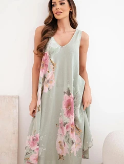 Dámske bavlnené oversize šaty s výstrihom do V a kvetinovou potlačou v khaki farbe