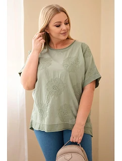 Dámská bavlněná halenka Plus Size s model 22212492 květinami khaki - K-Fashion