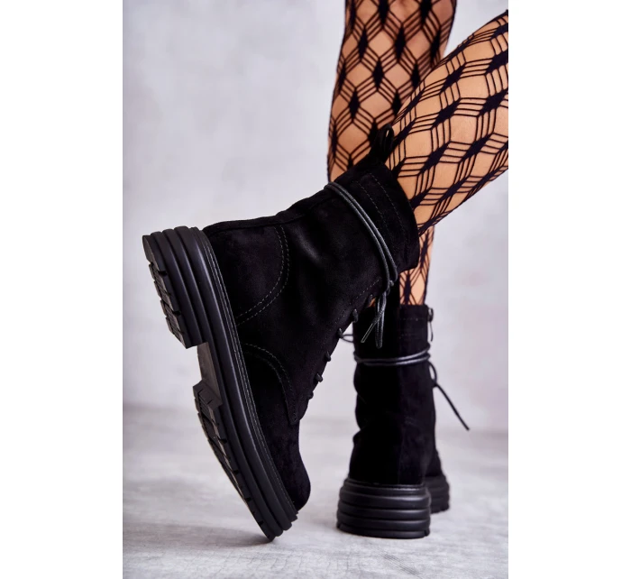 Damskie Zamszowe Botki Wiązane Czarne Afra Damskie Zamszowe Botki Wiązane Czarne Afra