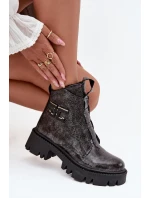 Skórzane Lakierowane Botki Damskie Z Ozdobą Ocieplane Artiker 57C2081 Grafitowe