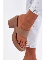 Dámské nazouváky na sloupkovém podpatku se zlatým detailem tmavě béžové model 22037686 - Boto