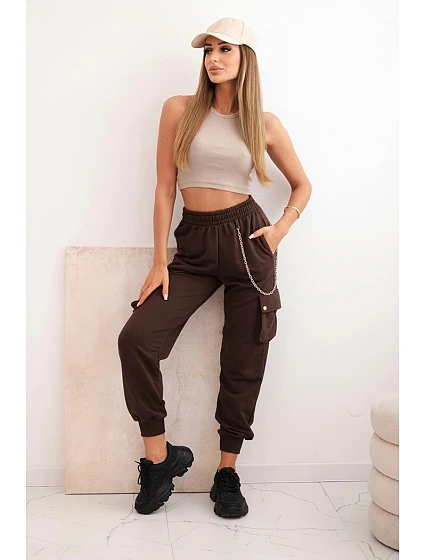 Dámské bavlněné cargo kalhoty s kapsami a řetízkem hnědé