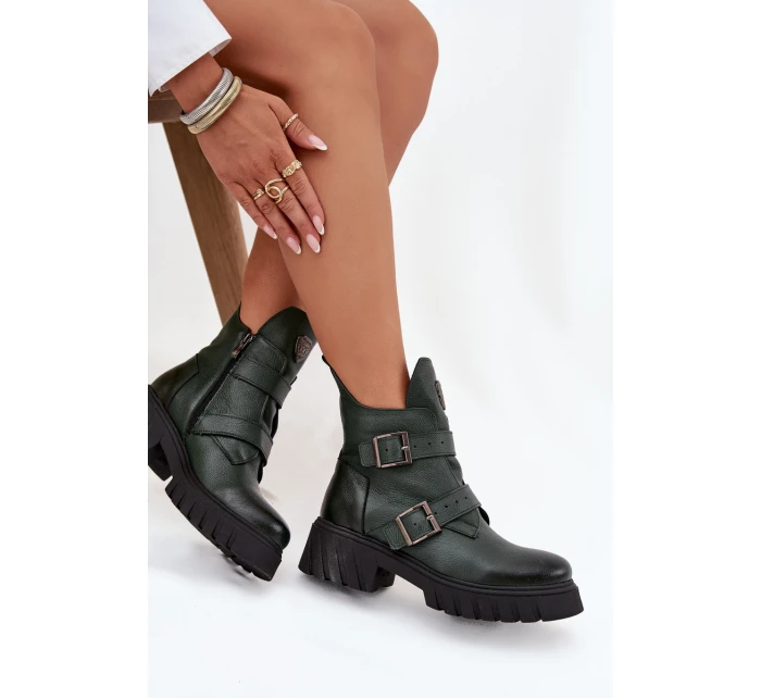 Skórzane Ocieplane Botki Damskie Z Klamrami I Ozdobnym Detalem Zazoo 60482 Ciemnozielone