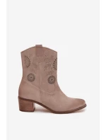 Zamszowe Skórzane Botki Damskie Ażurowe Na Obcasie Zazoo 3844 Cappuccino