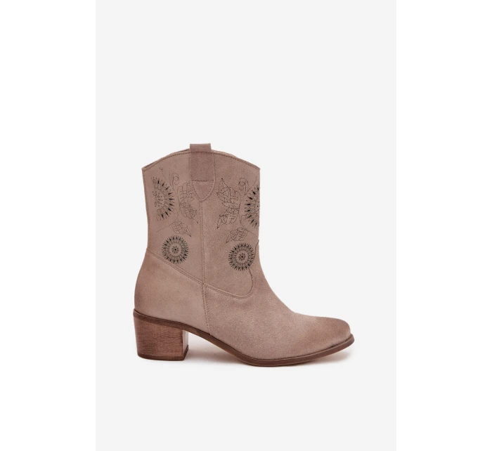 Zamszowe Skórzane Botki Damskie Ażurowe Na Obcasie Zazoo 3844 Cappuccino