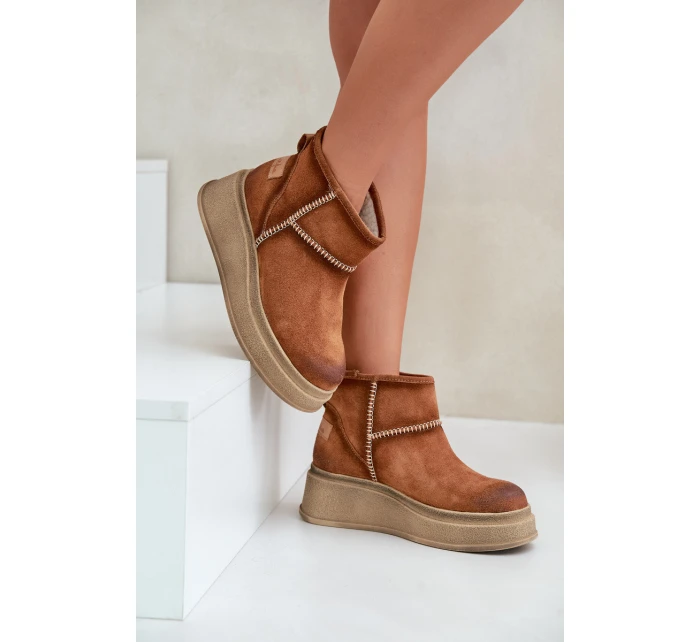 Skórzane Zamszowe Śniegowce Botki Na Platformie I Koturnie Maciejka 06769-29 Brązowe