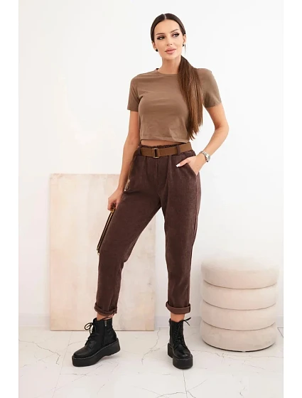 Dámské kalhoty s páskem pruhované hnědé