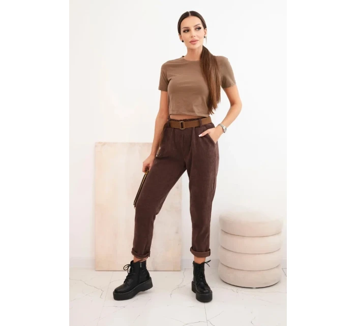 Dámské kalhoty s páskem pruhované hnědé