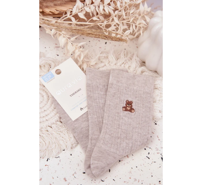 Teplé dámské ponožky s vlnou medvěd šedé