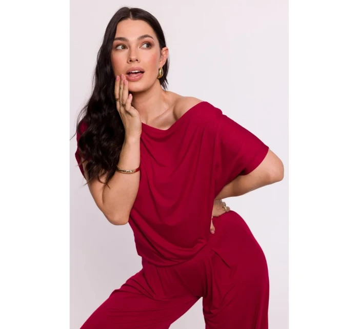 model 19670563 Viskózový top s výstřihem na ramena bordó - BeWear