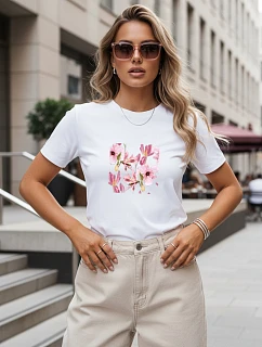Dámske bavlnené tričko s kvetinovým potlačou, biele, FashionStreet NX8050RY
