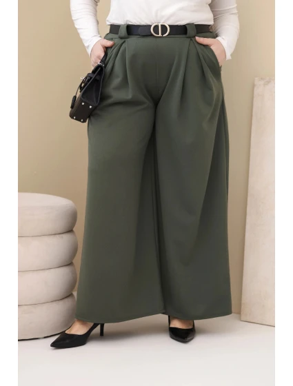 Plus veľkosť dámske široké nohavice z viskózy s opaskom Khaki