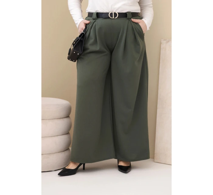 Plus veľkosť dámske široké nohavice z viskózy s opaskom Khaki