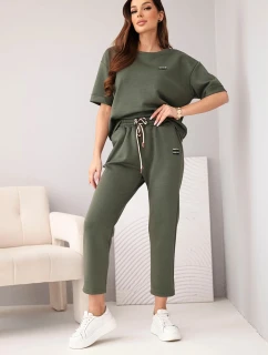 Dámská souprava viskózová máslová s krátkým rukávem a kalhotami s ohrnutým nohavicí khaki