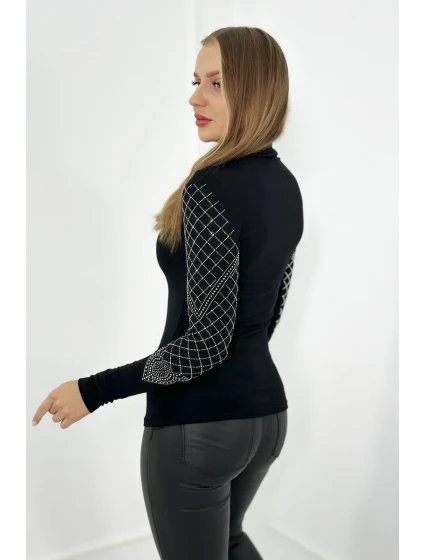 Pletená blúzka zdobená výstrihom a rukávmi čierna Pletená blúzka zdobená výstrihom a rukávmi čierna
