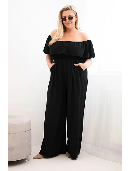 Dámský overal Plus Size s volánem a krátkým rukávem černý