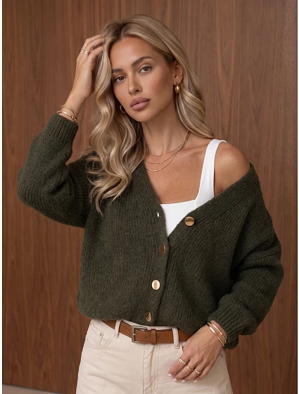 Dámský volný kardigan na knoflíky v olivové barvě FashionStreet MY2602